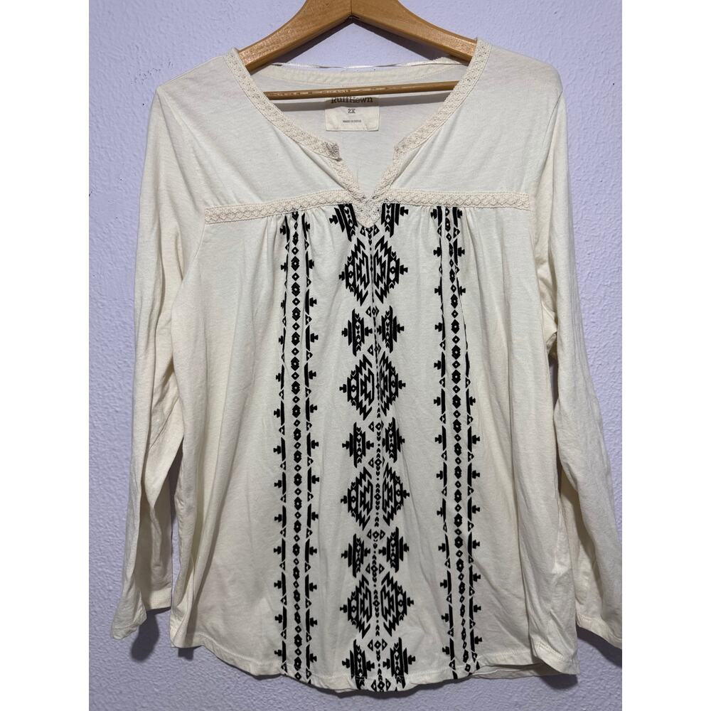 RuffHewn 2X Ivory Boho Aztec Print Blouse Lace Trim Peasant Top Plus Soft Casual